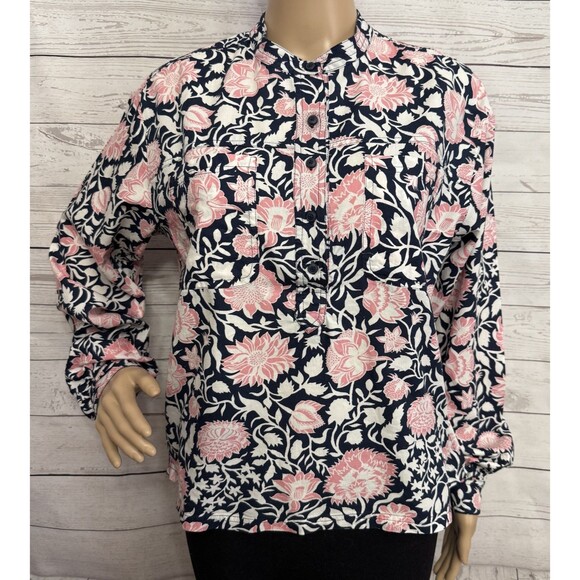 Lucky Brand Blouse Medium Pink Black White Floral Print 100% Cotton Casual Shirt - Picture 1 of 12
